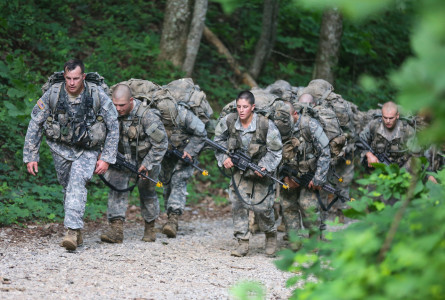 "U.S. Army Soldiers conduct Mountaineering training during the Ranger Course on Mount Yonah in Cleveland, Ga., July 14, 2015. Soldiers attend the Ranger Course to learn additional leadership and small unit technical and tactical skills in a physically and mentally demanding, combat simulated environment, (U.S. Army photo by Staff Sgt. Scott Brooks/ Released)"